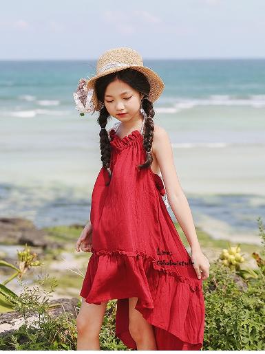  Sales เด็กโต-เดรสสายเดี่ยวสีแดงเลือดนกผูกสายคล้องคอไปด้านหลังไซส์140/150/160รหัสKKK908B