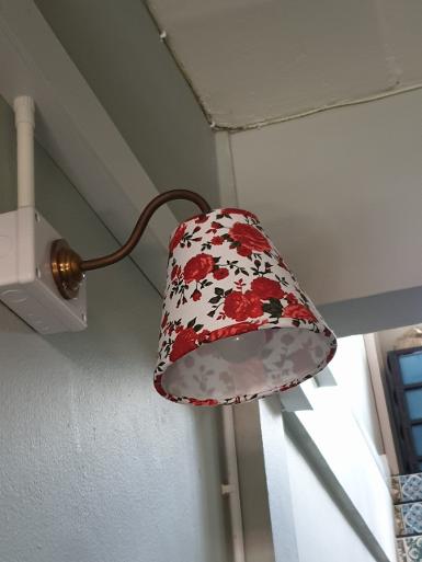 Wall Lamp brass with fabric Item Code BWLF18 size base 56 mm pipe 9 mm. shade 14hx8x15.5 cm. Wall Lamp brass with fabric Item Code BWLF18 size base 56 mm pipe 9 mm. shade 14hx8x15.5 cm.