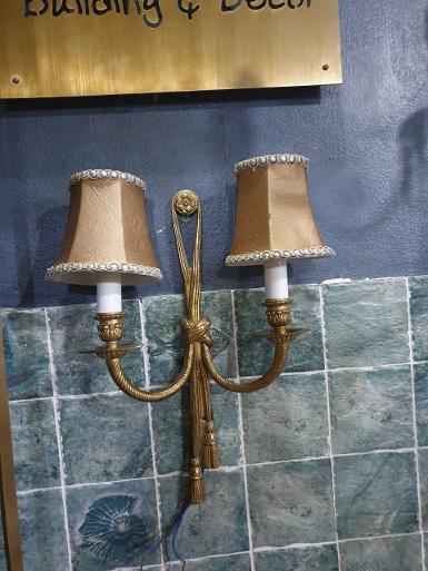 Wall Lamp 2 arm brass with fabric shade Item Code WLS02 Wall Lamp 2 arm brass with fabric shade Item Code WLS02