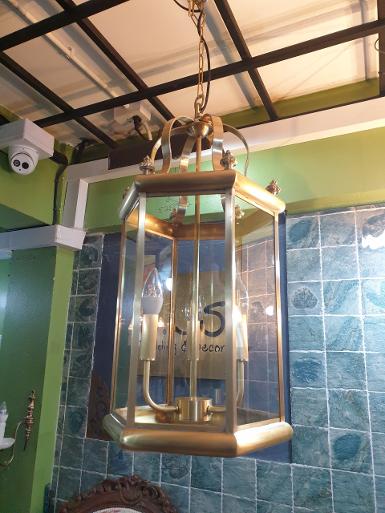 Brass hanging lamp hexagon with normal glass Item Code HGL02A2 size H 650 mm wide 320 mm chain 50cm Brass hanging lamp hexagon with normal glass Item Code HGL02A2 size H 650 mm wide 320 mm chain 50cm