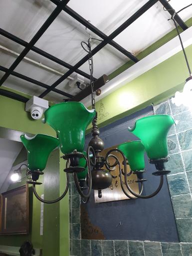 ็Antique Hanging Lamp brass with green shade 5 arm Item Code ATD05R3 size wide 65 cm high 90 cm ็Antique Hanging Lamp brass with green shade 5 arm Item Code ATD05R3 size wide 65 cm high 90 cm