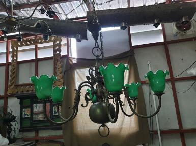 Hanging Lamp brass with green shade 6 light Item Code DL06R63 size wide 700 mm high 950 mm. Hanging Lamp brass with green shade 6 light Item Code DL06R63 size wide 700 mm high 950 mm.